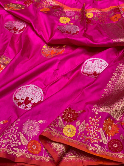 Rani Pink Handwoven Pure Banarasi Ektara Silk Saree
