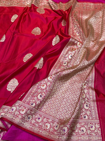 Red Handwoven Vintage Pure Banarasi Satin Silk Saree