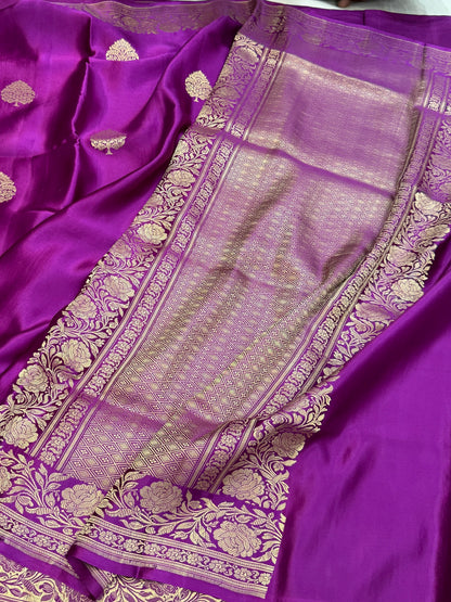 Majenta Pink Handwoven Pure Mashru Banarasi Satin Silk Saree – Kadwa Weave | Authentic Banaras Handloom