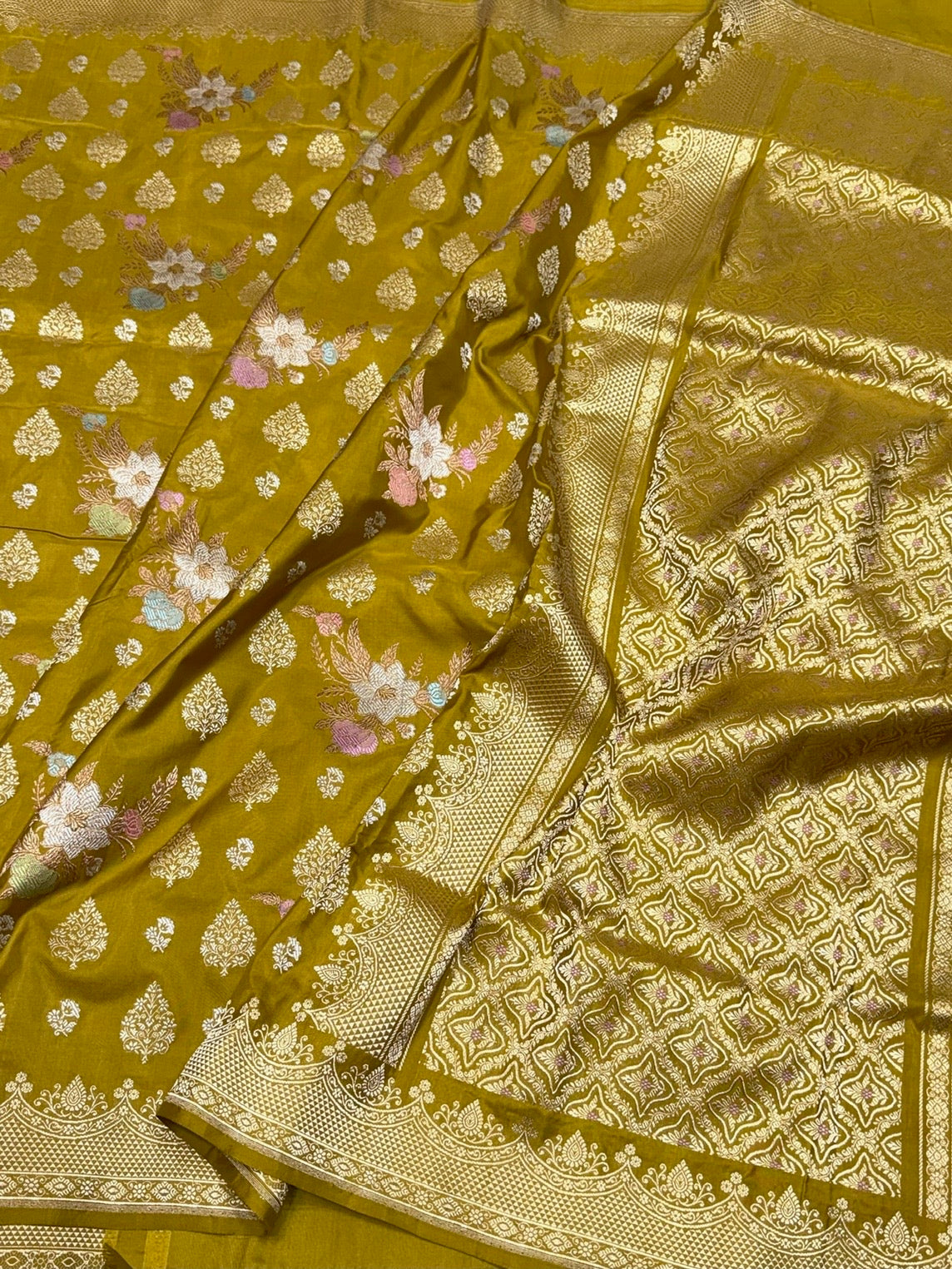 Mustard Olive Handwoven Pure Banarasi Silk Saree