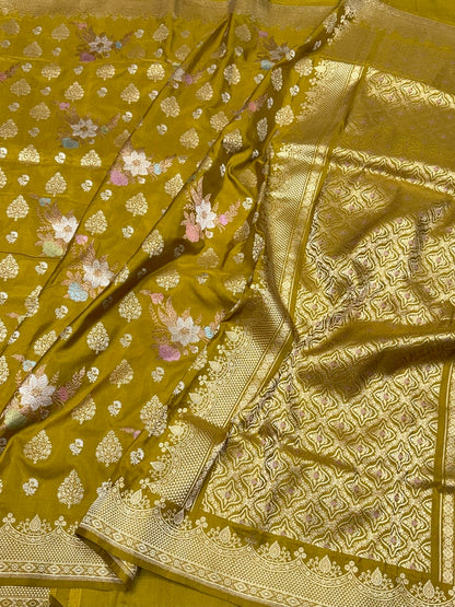 Mustard Olive Handwoven Pure Banarasi Silk Saree