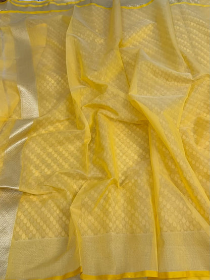 Yellow Pure Banarasi Kora Cotton Saree