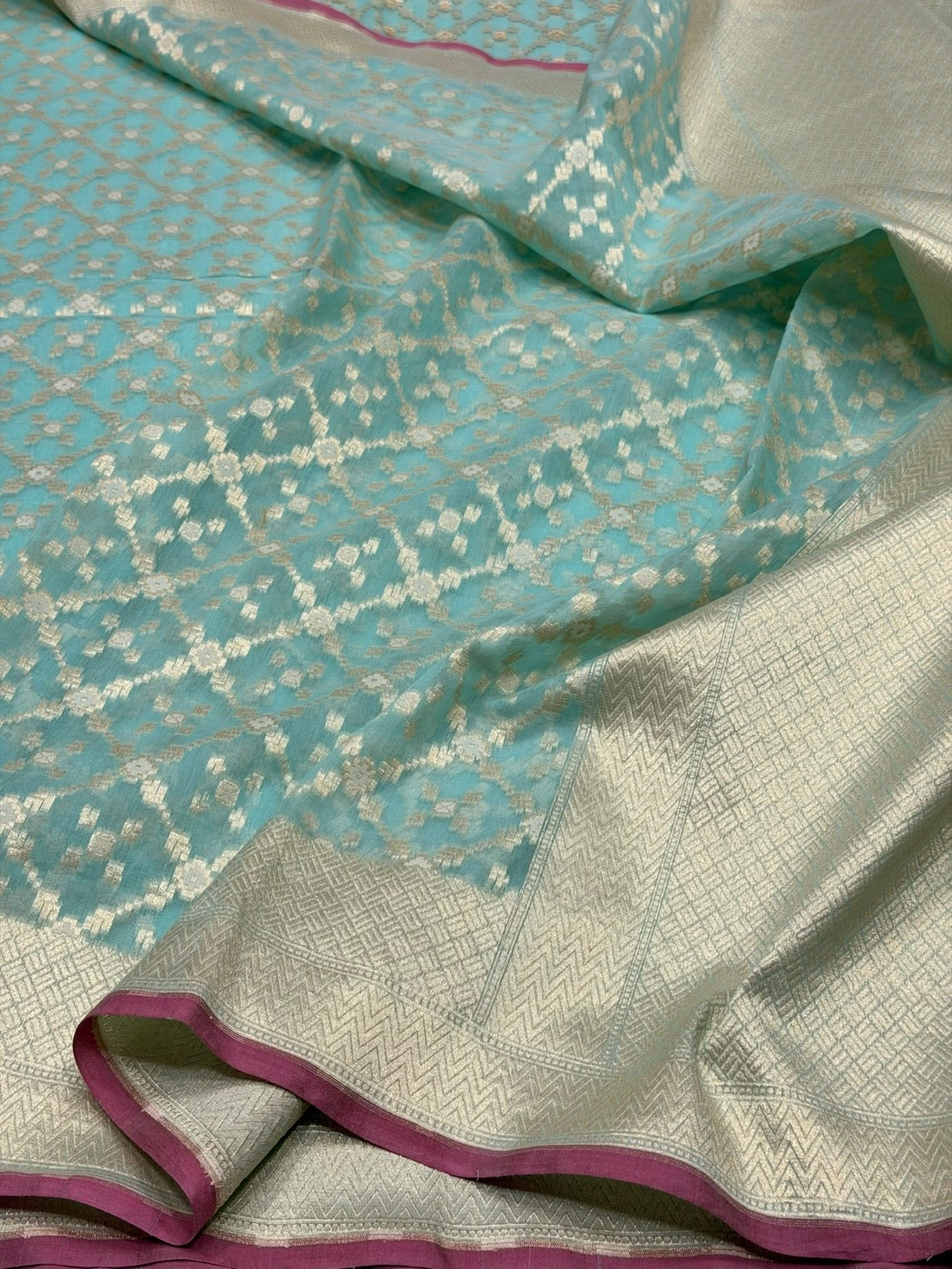 Sea Blue Banarasi Pure Kora Cotton Saree