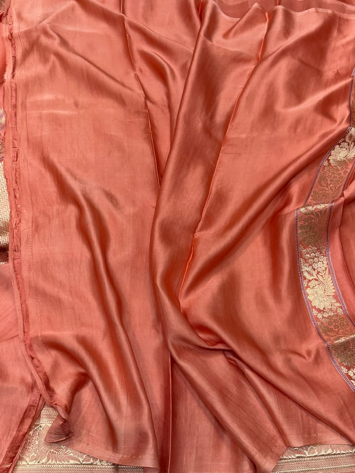 Peach Handwoven Pure Mashru Banarasi Satin Silk Saree – Kadwa Weave | Authentic Banaras Handloom