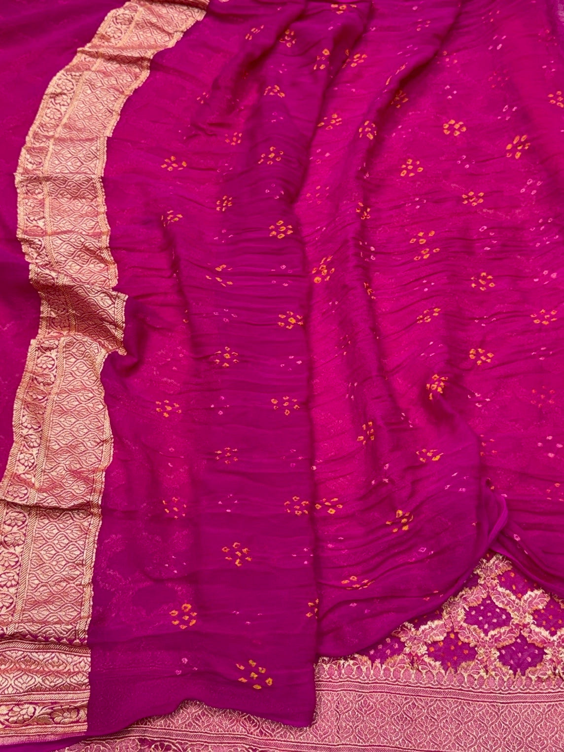 Rani Pink Banarasi Pure Bandhej Georgette Saree – Luxury Cutwork Brocade Festive Saree