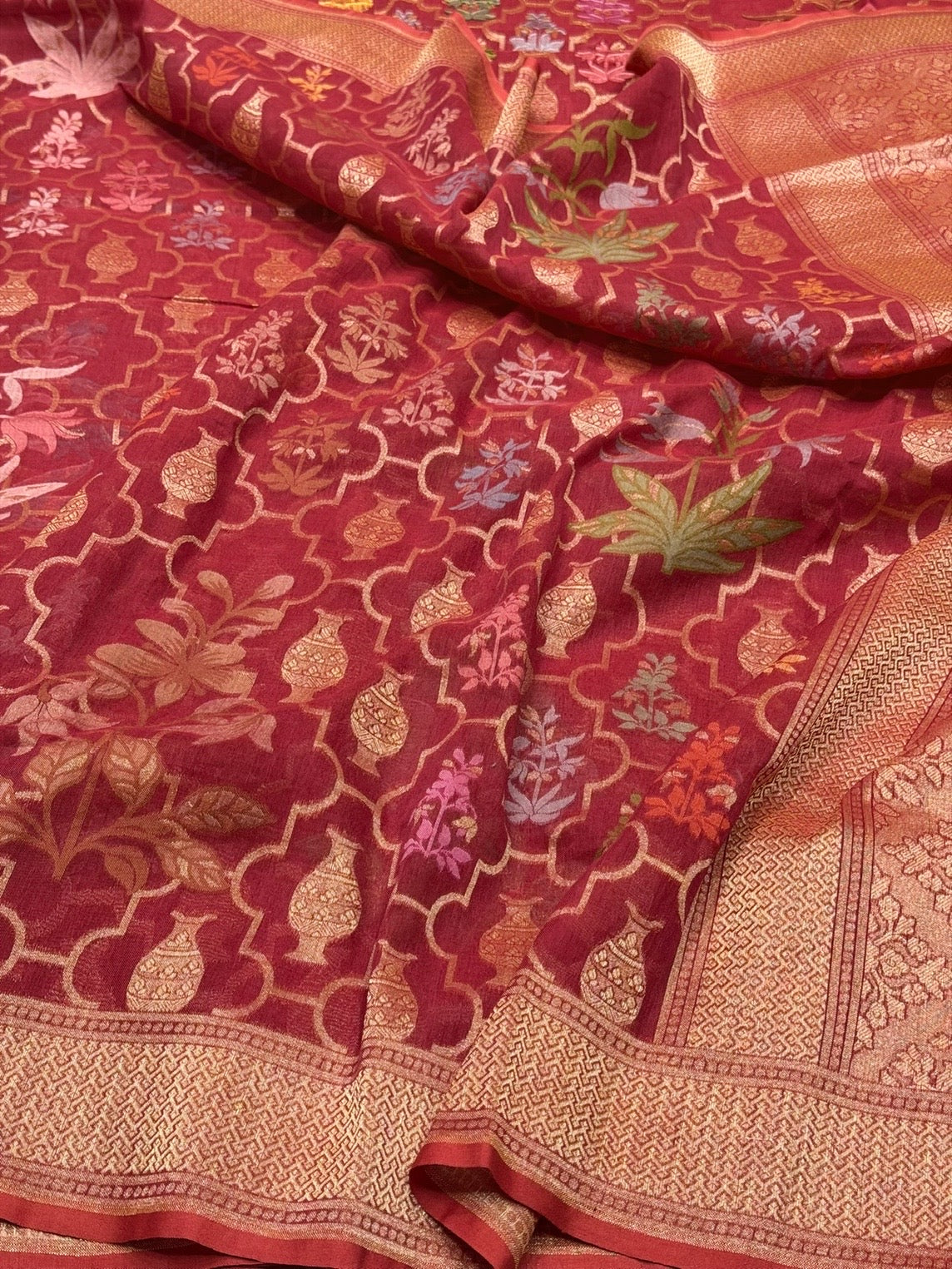 Red Banarasi Pure Muslin Cotton Jamdani Saree