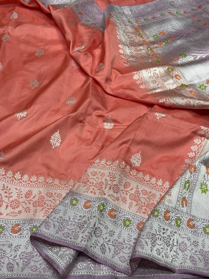 Peach Handwoven Pure Banarasi Ektara Silk Saree – Kadwa Iktara Weave, Pure Mulberry Silk