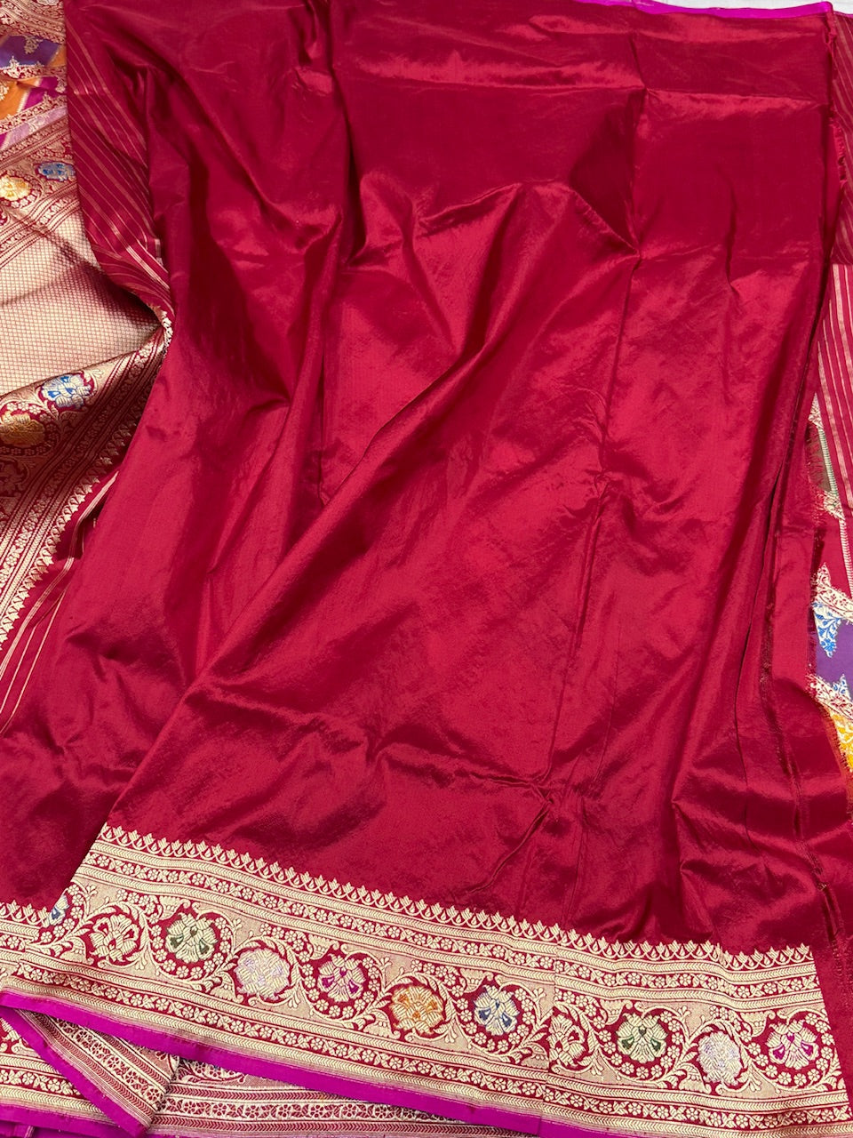 Red Handwoven Pure Banarasi Rangkaat Silk Saree – Pure Katan Silk | Rangkaat Technique | Luxury Banarasi Saree