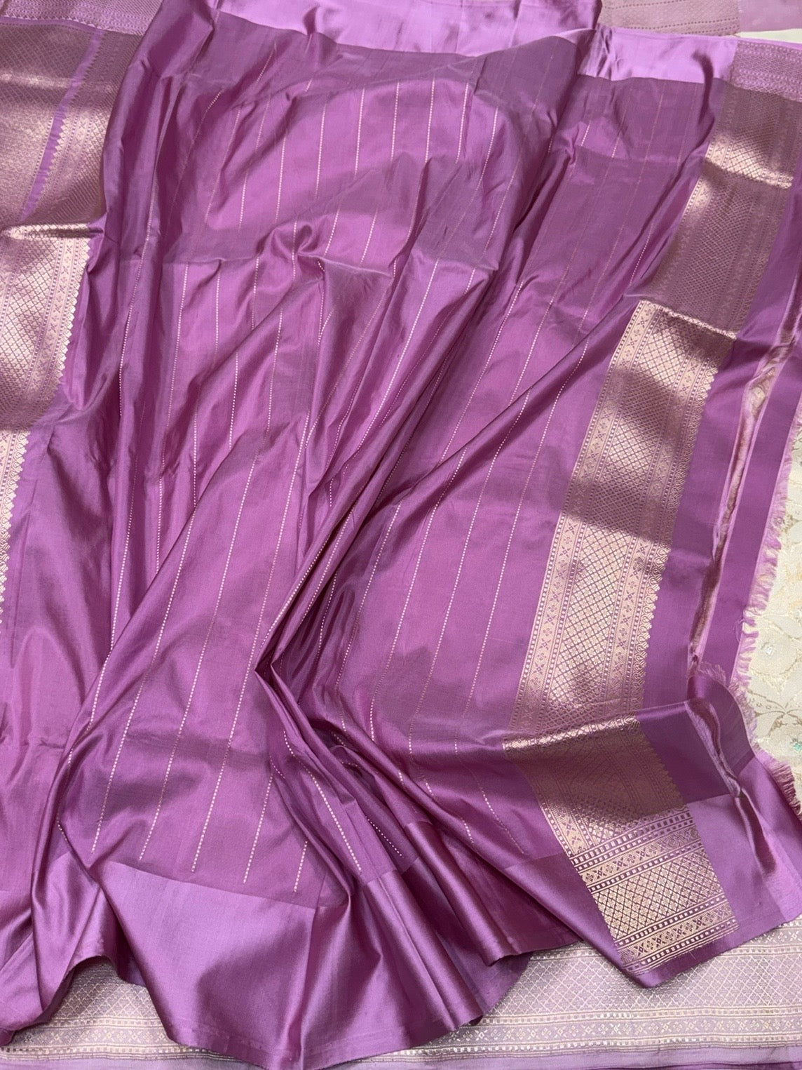 Cream Handwoven Banarasi Pure Silk Brocade Saree with Pastel Pink Satin Border – Luxurious Katan Silk