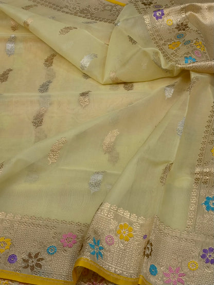 Yellow Handwoven Pure Banarasi Organza Saree