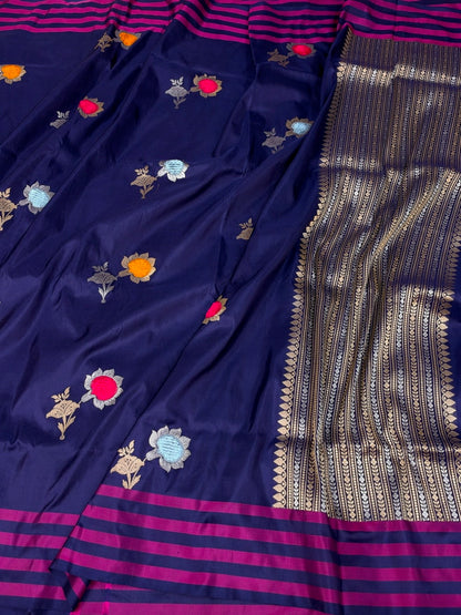 Navy Blue Handwoven Pure Banarasi Katan Silk Saree