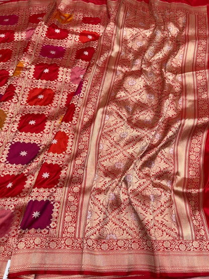 Red Handwoven Pure Banarasi Rangkaat Silk Saree