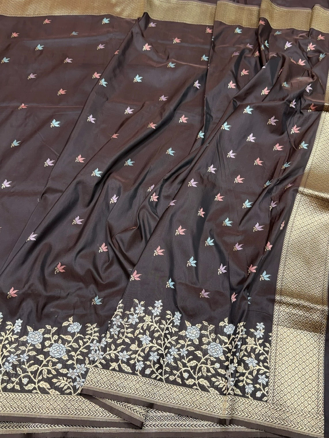 Coffee Brown Handwoven Pure Banarasi Silk Saree – Kadwa Weave, Pure Katan-Mulberry Silk