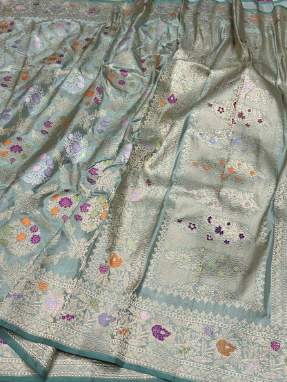 Pista Green Handwoven Pure Banarasi Silk Saree – Kadwa Meenakari Jaal | Authentic Banaras Handloom