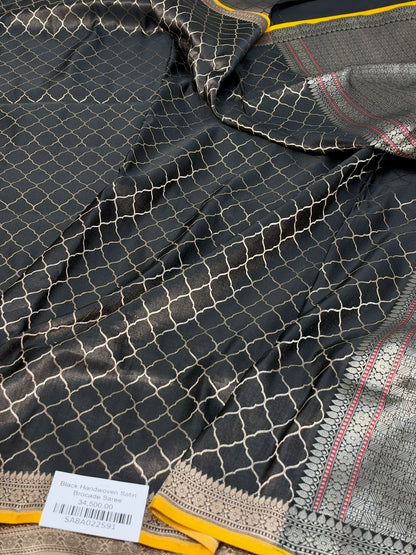 Black Handwoven Pure Banarasi Satin Tanchoi Silk Saree