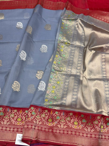 Bluish Grey Handwoven Pure Organza Silk Saree