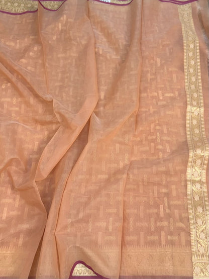 Peach Banarasi Pure Kora Cotton Saree