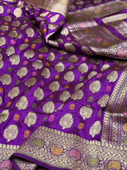 Purple Handwoven Pure Banarasi Silk Saree – Kadwa Weave in 100% Katan Mulberry Silk