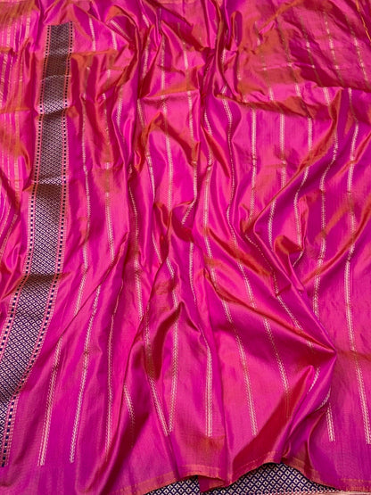 Rani Pink Handwoven Pure Banarasi Ektara Silk Saree – Luxury Kadwa Weave