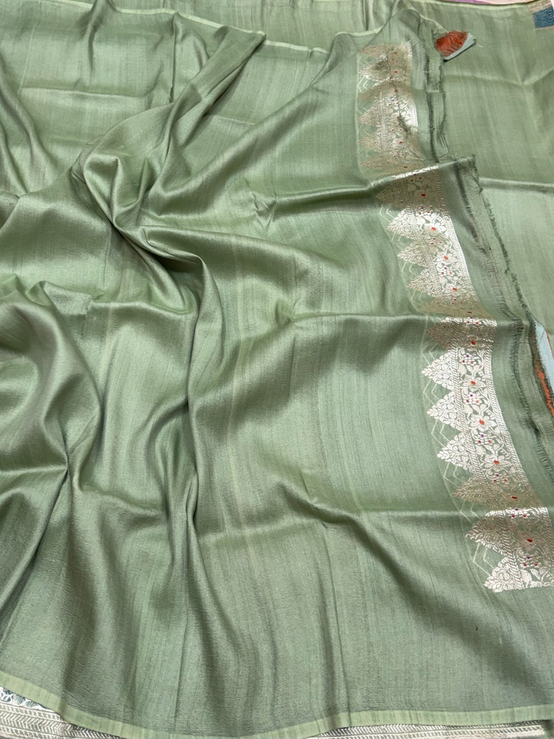 Pista Green Handwoven Pure Tussar Georgette Saree