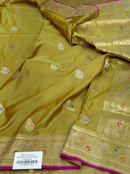 Mehndi Yellow Handwoven Pure Banarasi Satin Silk Saree