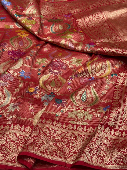 Red Handwoven Banarasi Pure Silk Brocade Saree | Meenakari Katan Silk