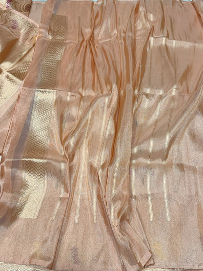 Champagne Beige Handwoven Pure Banarasi Tissue Silk Saree – Kadwa Lotus Motif | Authentic Katan Tissue Handloom