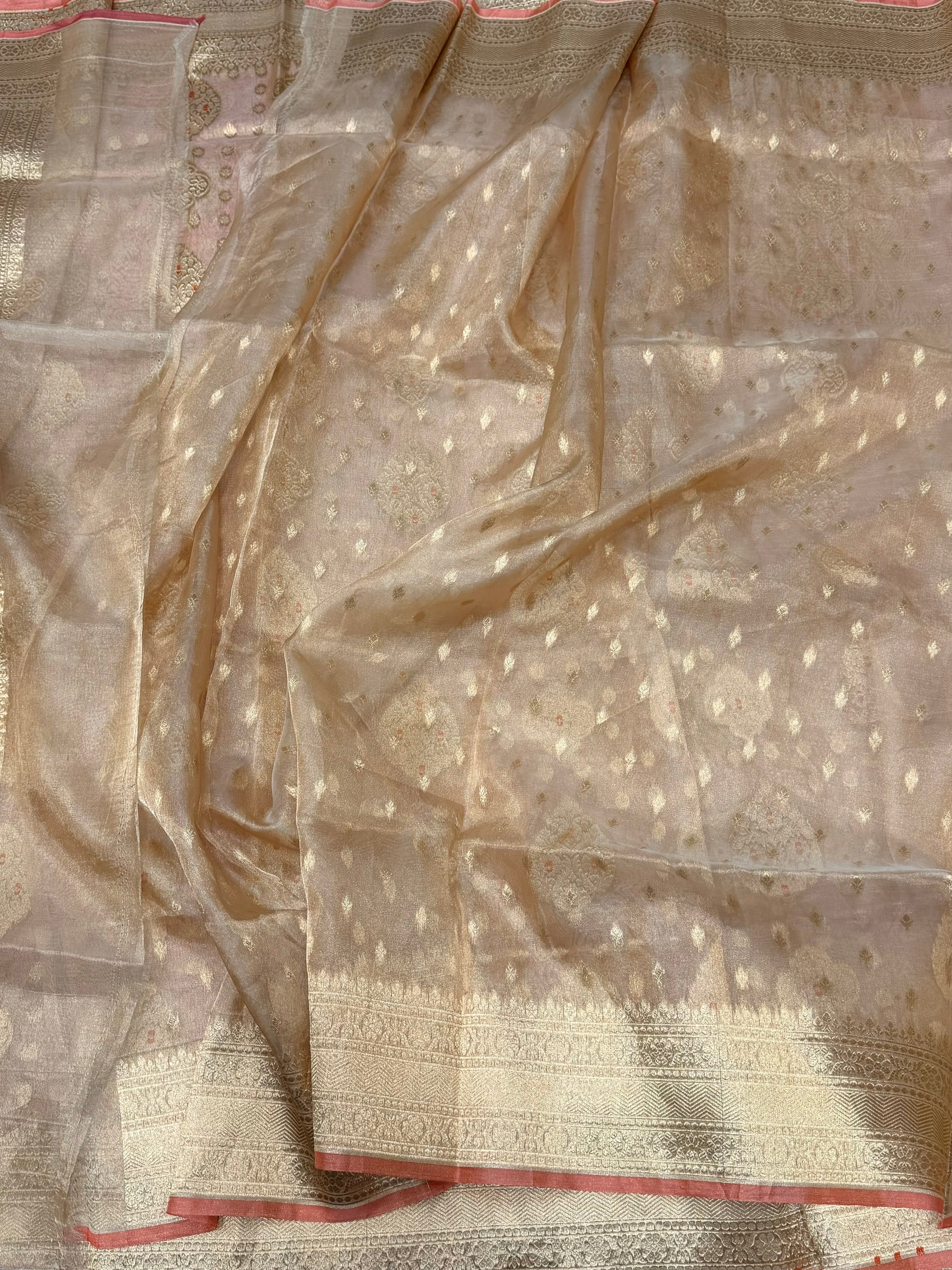 Champagne Gold Pure Banarasi Tissue Silk Saree | Pure Kora Tissue | Cutwork Technique | Lightweight Banarasi Saree