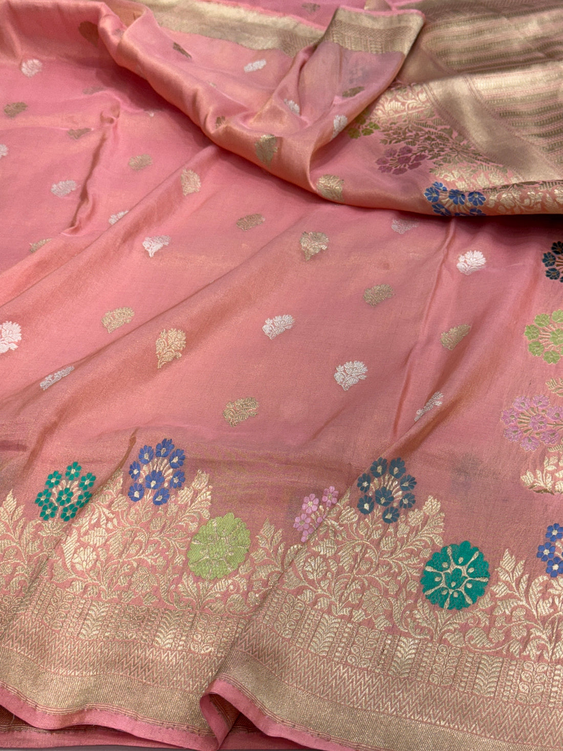 Peach Handwoven Pure Banarasi Tissue Silk Saree