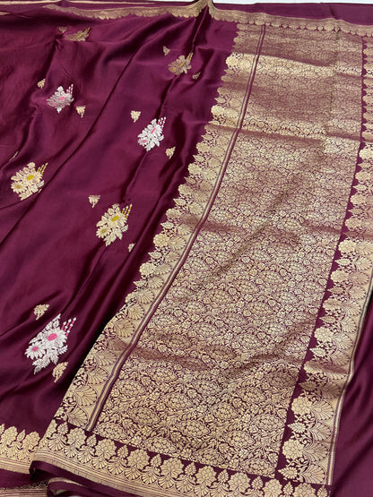 Wine Handwoven Pure Mashru Banarasi Satin Silk Saree