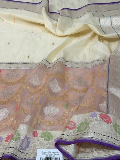 Cream Handwoven Pure Banarasi Ektara Silk Saree
