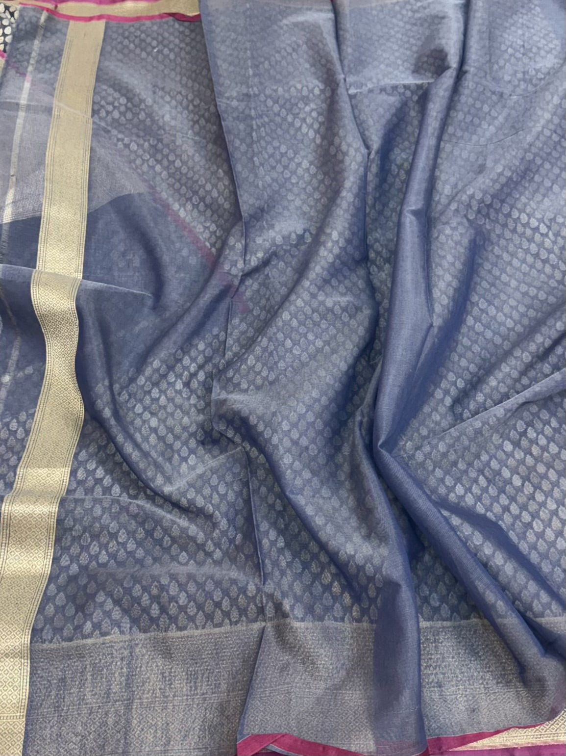 Bluish Grey Pure Banarasi Kora Cotton Saree