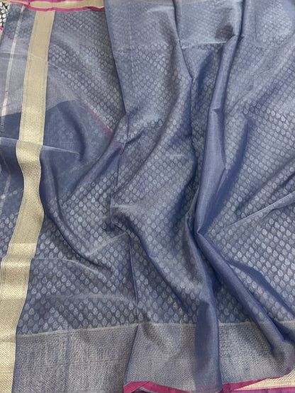 Bluish Grey Pure Banarasi Kora Cotton Saree