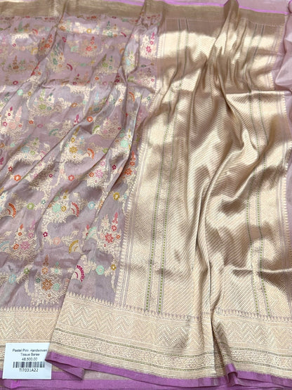 Pastel Pink Handwoven Pure Banarasi Tissue Saree