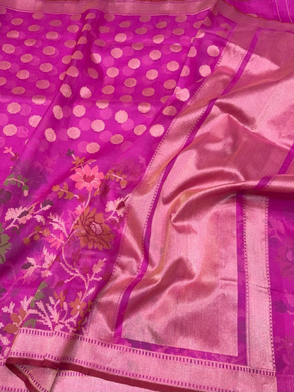 Rani Pink Handwoven Pure Banarasi Organza Silk Saree