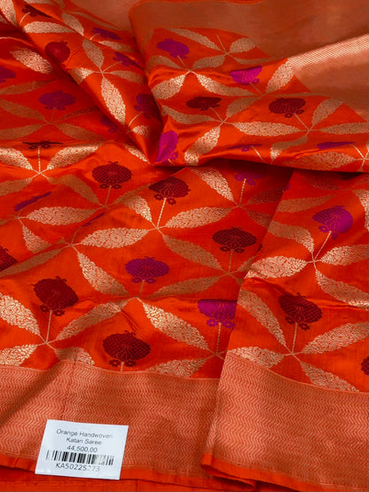 Orange Handwoven Pure Banarasi Katan Silk Saree