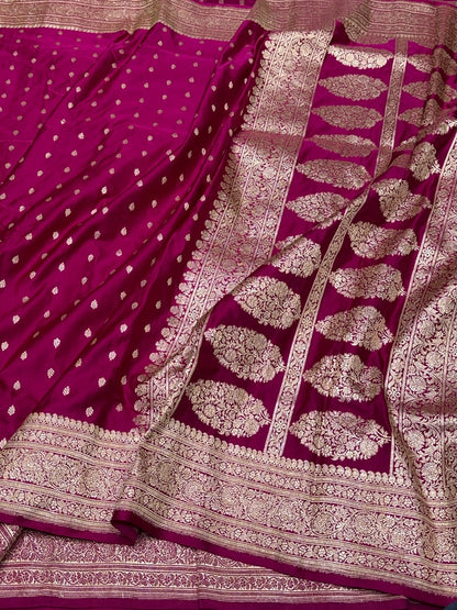Rani Pink Handwoven Vintage Pure Banarasi Satin Silk Saree