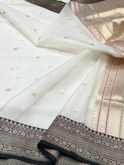 White Handwoven Pure Organza Silk Saree