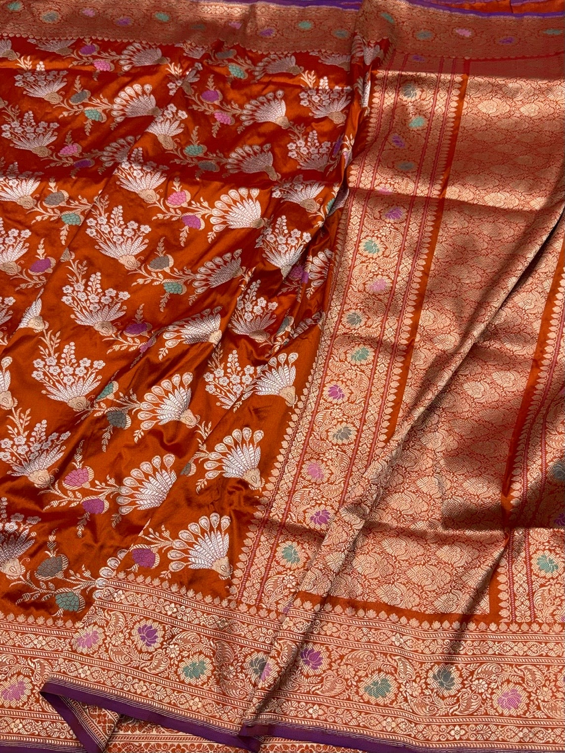 Orange Handwoven Pure Banarasi Silk Saree in Kadwa Weave | Authentic Katan Mulberry Silk