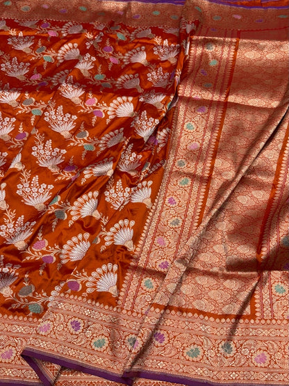 Orange Handwoven Pure Banarasi Silk Saree in Kadwa Weave | Authentic Katan Mulberry Silk