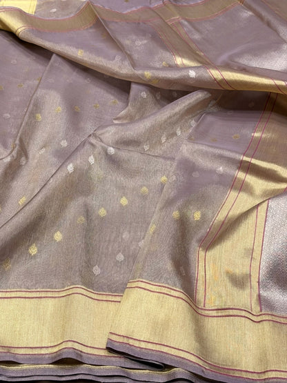 Mauve Handwoven Pure Kora Tissue Banarasi Saree – Kadwa Weave in 100% Pure Silk