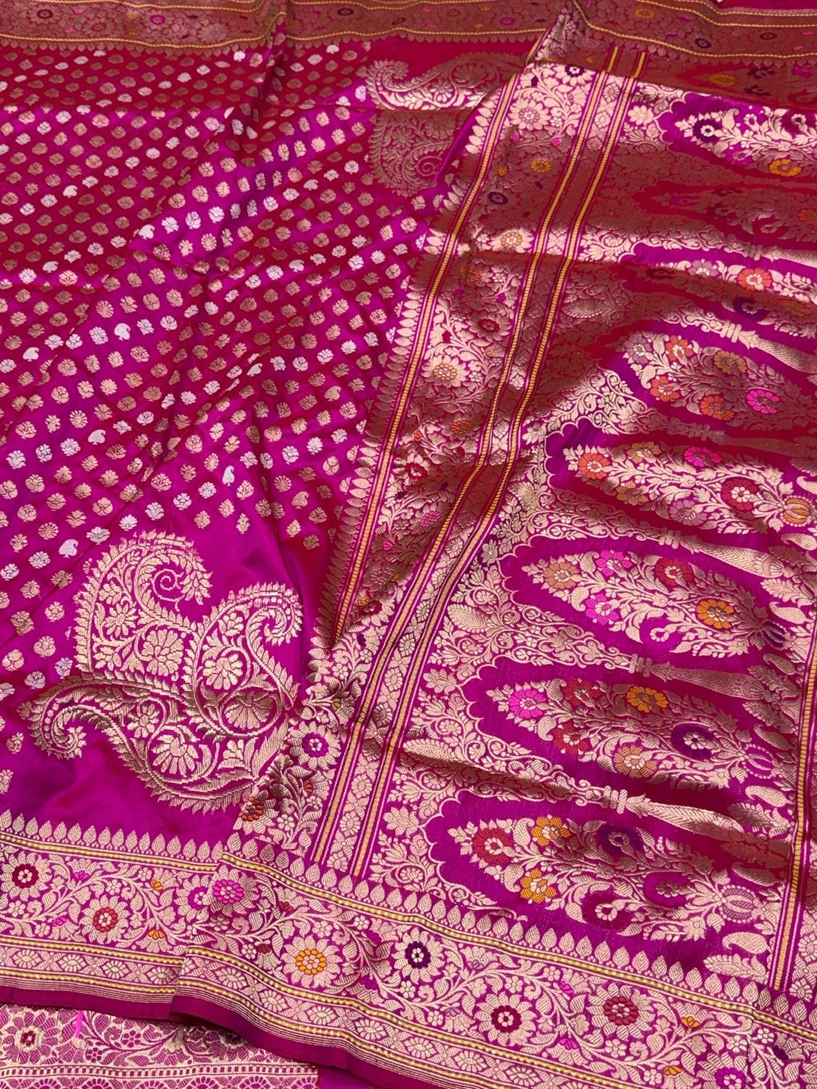Rani Pink Handwoven Pure Banarasi Silk Saree – Kadwa Weave in 100% Katan Mulberry Silk