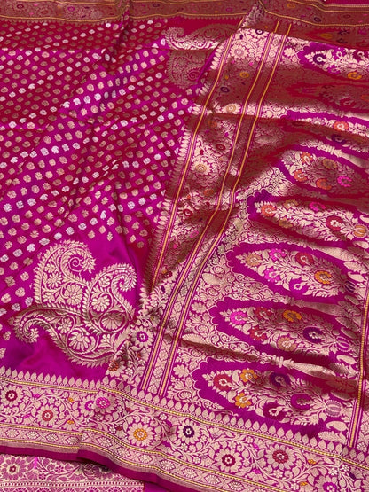 Rani Pink Handwoven Pure Banarasi Silk Saree – Kadwa Weave in 100% Katan Mulberry Silk