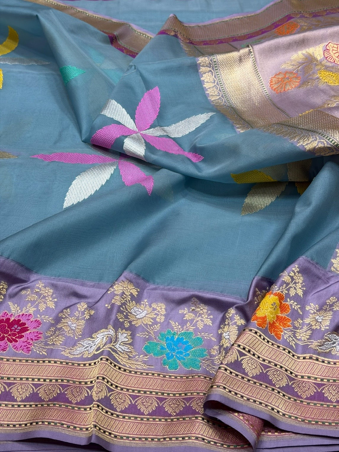 Bluish Grey Handwoven Pure Banarasi Ektara Organza Silk Saree – Kadwa Weave in Kora Mulberry Silk