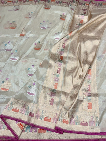 Ivory Handwoven Pure Banarasi Tissue Saree