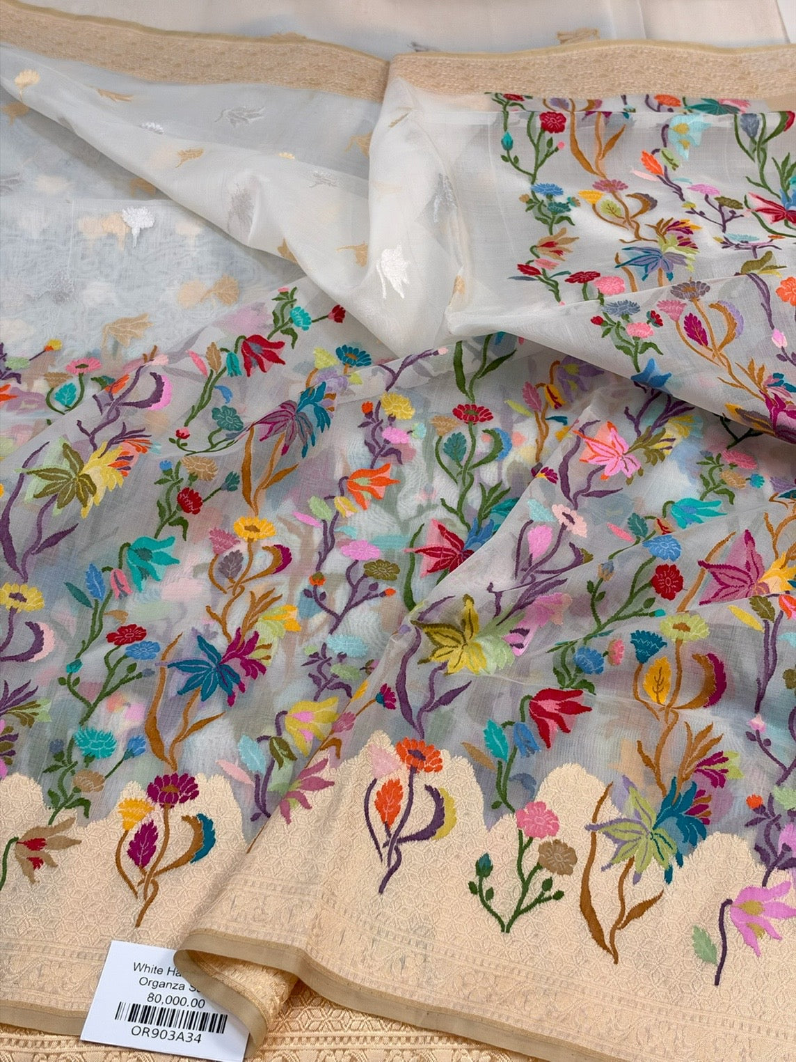 White Handwoven Pure Banarasi Kora Jamdani Silk Saree