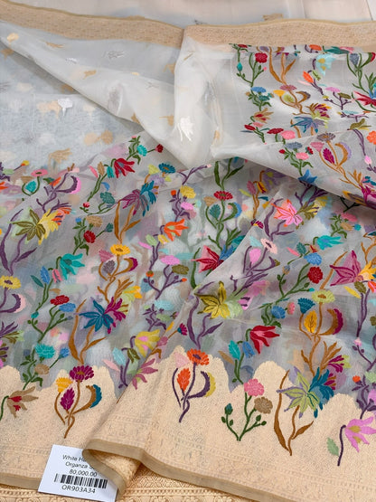 White Handwoven Pure Banarasi Kora Jamdani Silk Saree