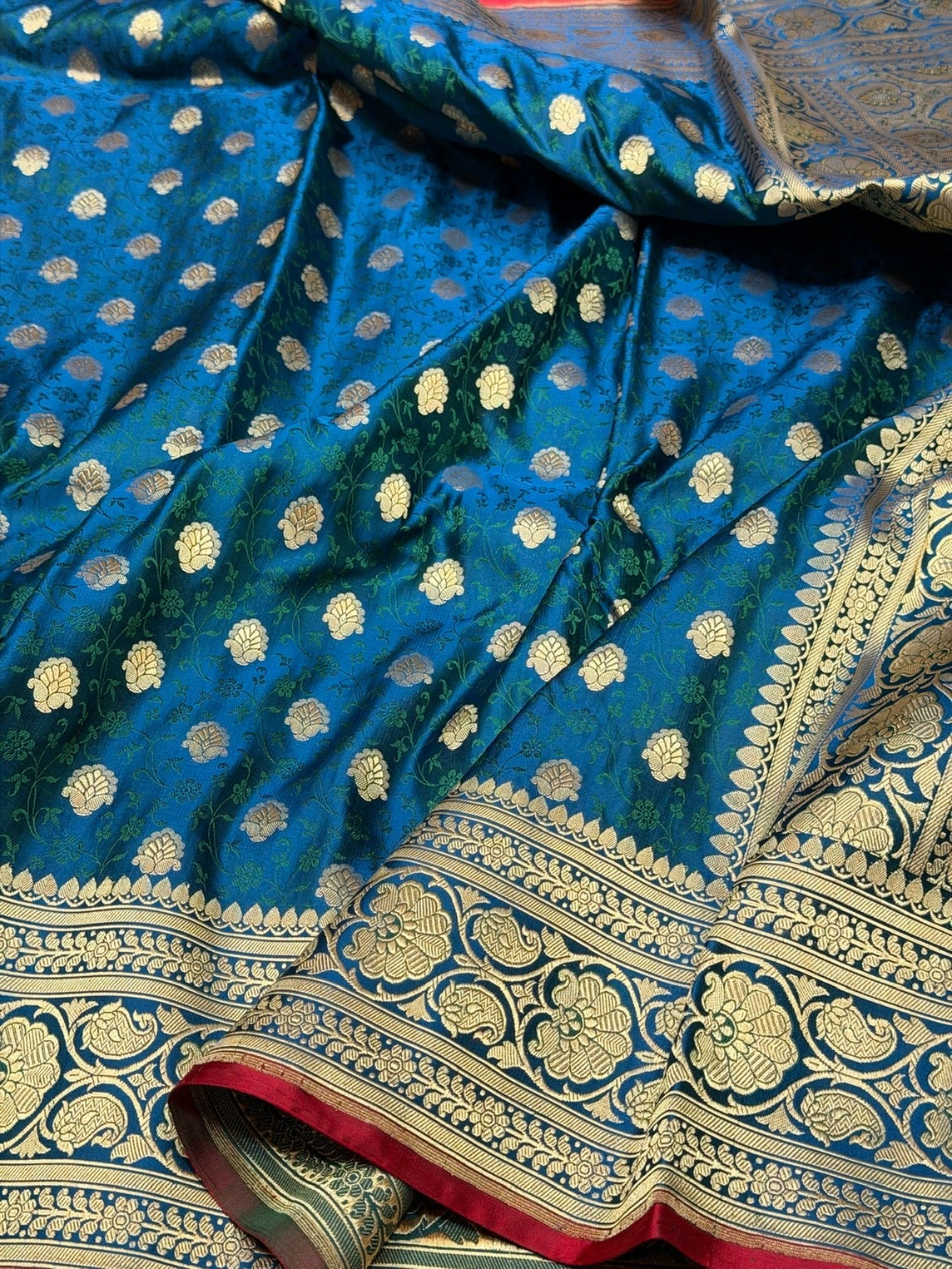 Peacock Blue Handwoven Vintage Pure Banarasi Satin Silk Saree