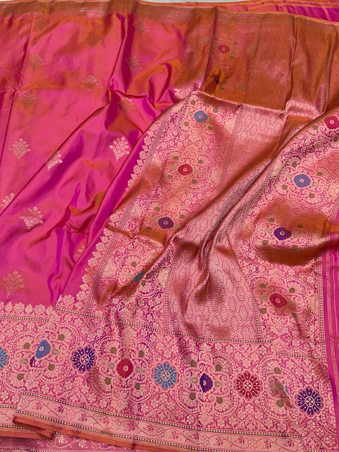 Orangish Pink Handwoven Pure Banarasi Ektara Silk Saree – Kadwa Iktara Weave, Pure Mulberry Silk