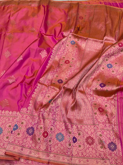 Orangish Pink Handwoven Pure Banarasi Ektara Silk Saree – Kadwa Iktara Weave, Pure Mulberry Silk